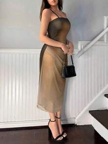 Vestido de tirantes de malla degradado elegante para mujer, de verano - Caqui - Ver 4