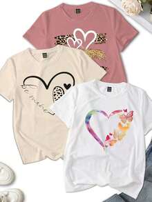 Set de 3 camisetas gráficas de mujer con estampados de leopardo, floral y corazón para el verano - Multicolor 5 - Ver 5