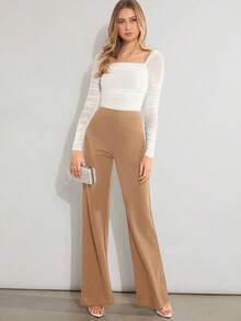 Pantalones de pierna ancha unicolor de talle alto - Camel - Ver 5