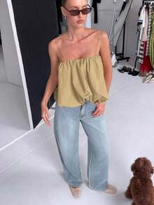 Top de camisola fruncido estilo bohemio con bajo abombado y tirantes ajustables para un estilo casual de verano - Beis - Ver 1