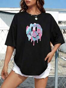 New 2026 Camisetas Para Mujer,Camisetas para parejas Camiseta Y2K con diseño de cara sonriente en colores pastel y gotas de pintura ideal para un estilo urbano y moderno perfecta para destacar en cualquier ocasión y ser el centro de atención en tus salidas diarias cómoda y versátil para todas las estaciones disponible en talla única - Negro - Ver 1