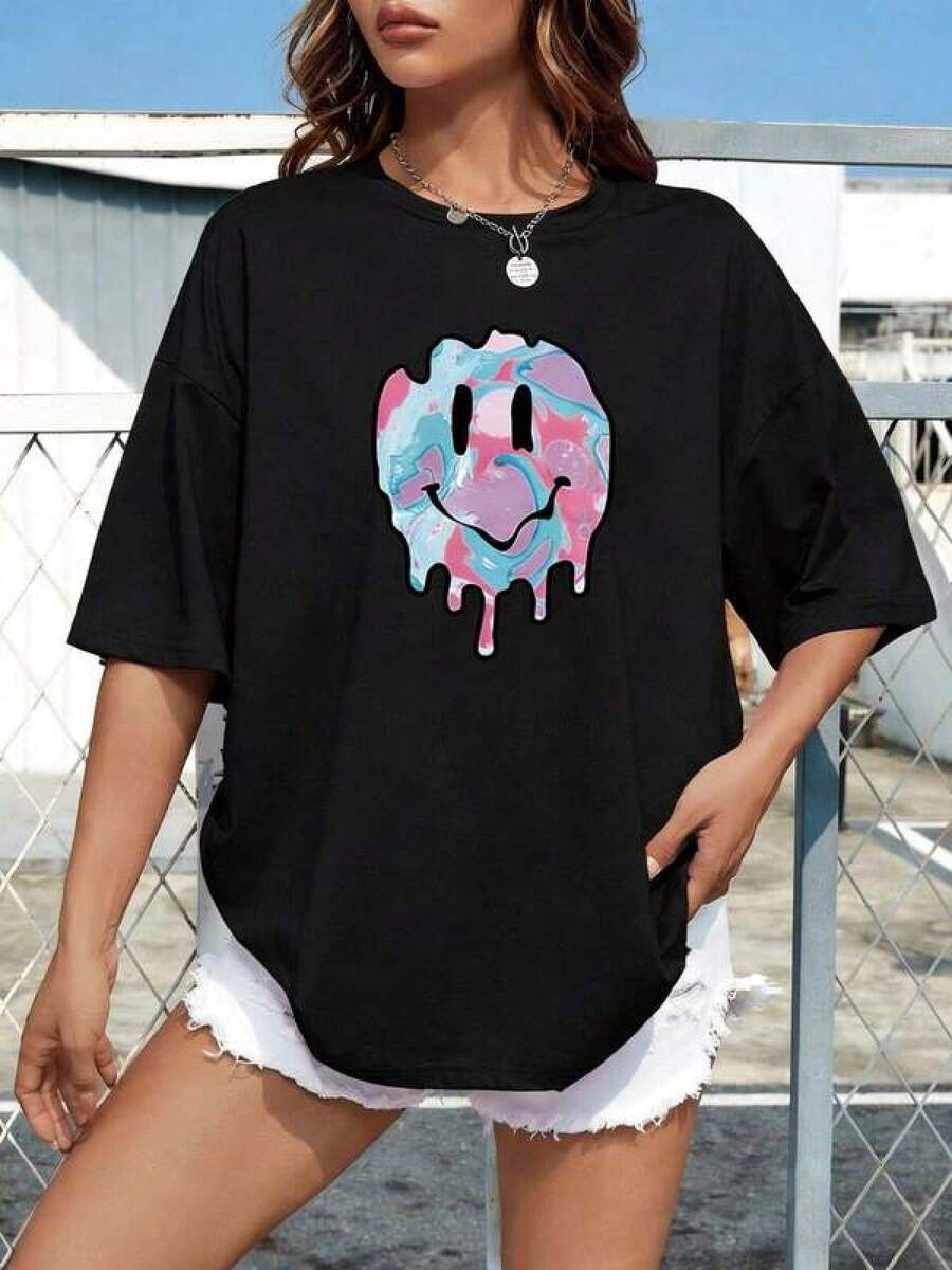 New 2026 Camisetas Para Mujer,Camisetas para parejas Camiseta Y2K con diseño de cara sonriente en colores pastel y gotas de pintura ideal para un estilo urbano y moderno perfecta para destacar en cualquier ocasión y ser el centro de atención en tus salidas diarias cómoda y versátil para todas las estaciones disponible en talla única - Negro - Ver 1