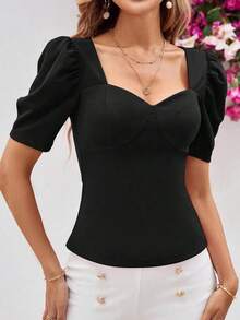 Clasi Top de escote corazón de corte ajustado con mangas tipo cordero, color rojo rosa - Negro - Ver 3