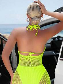 Swim  Vestido de encubrimiento sin mangas con cuello halter para mujeres para vacaciones de verano en la playa con apliques huecos - Verde lima - Ver 2