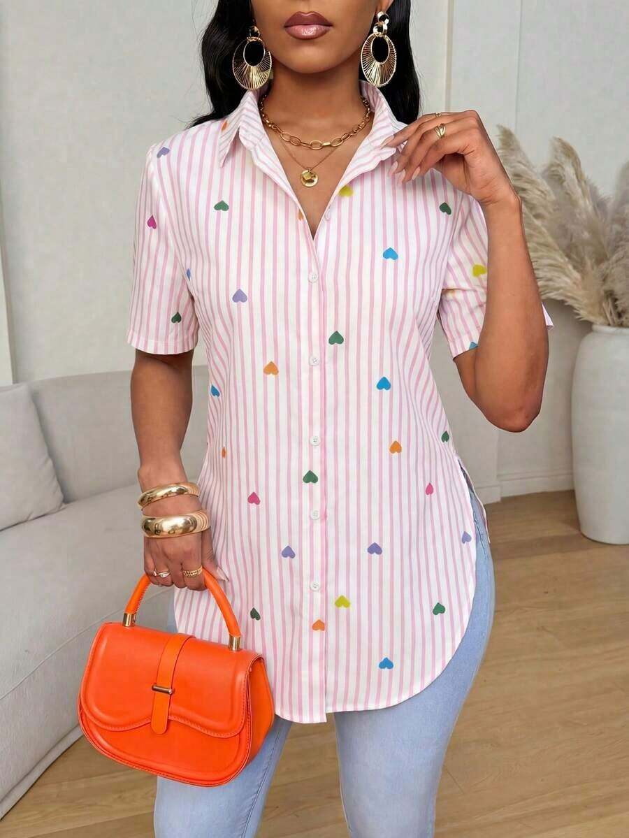 Camisa de mujer de manga corta, ajuste ceñido, con dobladillo curvo dividido, unicolor minimalista, para uso diario y casual en verano - Multicolor 5 - Ver 1