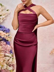 Vestido de dama de honor elegante, romántico, verde, tejido mate, decoración de cinta, hombros descubiertos, sin tirantes, entallado, cola de pez - Granada - Ver 2