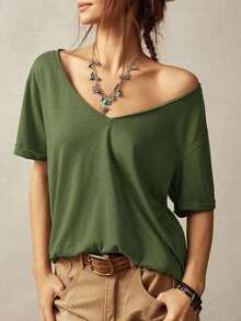Camiseta casual de mujer de manga corta y cuello en V de unicolor holgada - Verde militar - Ver 10