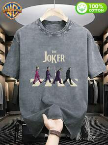 Classic Joker T-Shirt With Logo In American Style, Unisex, Vintage Street Print, Crew Neck, Short Sleeve, Washed, Casual, Comfortable, Versatile, Loose Fit, Summer, For Men, 100% Cotton, Ideal For Outdoors, Gym - 灰色 - 查看 1