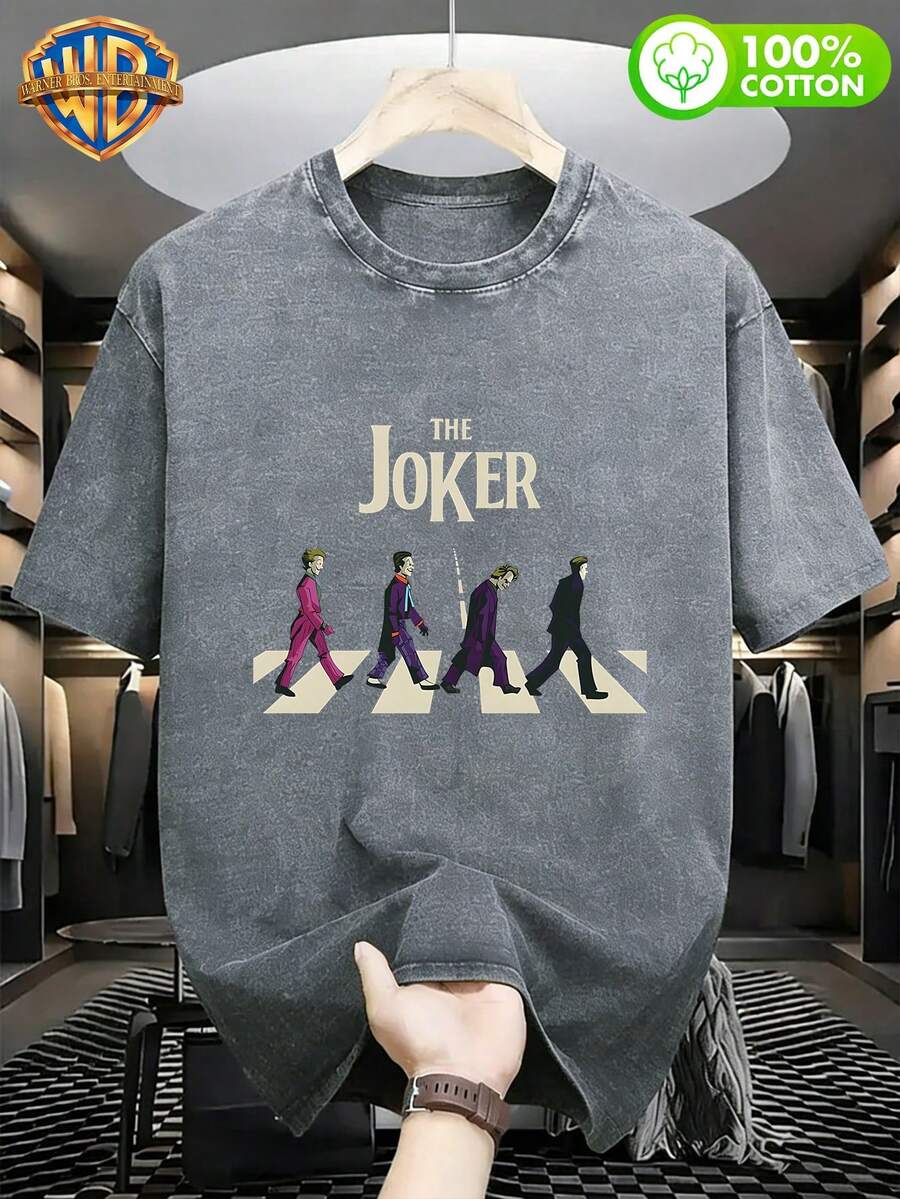 Classic Joker T-Shirt With Logo In American Style, Unisex, Vintage Street Print, Crew Neck, Short Sleeve, Washed, Casual, Comfortable, Versatile, Loose Fit, Summer, For Men, 100% Cotton, Ideal For Outdoors, Gym - 灰色 - 查看 1