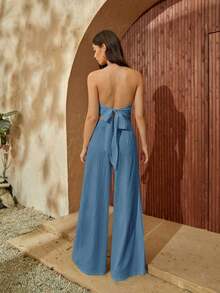 trasero de espalda abierta Top halter & Pantalones de pierna ancha - Agua verde azul - Ver 2