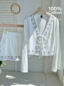 Conjunto de blusa con amarre al frente y shorts con estampado de anacardo para mujer, en estilo bohemio - Blanco 3 - Ver 6