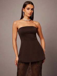 Set de 2 piezas con top corto tipo bustier negro y minifalda con dobladillo de encaje, adecuado para citas, graduaciones, conciertos, vestidos de dama de honor, bodas, ocasiones románticas, estilo minimalista, conjunto elegante para uso diario - Café integral - Ver 4