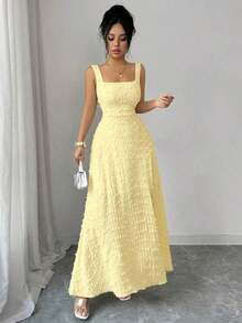 Nuevo vestido de punto texturizado sin mangas con cuello cuadrado, diseño de lazo en la espalda abierta, elegante vestido ajustado para fiesta - amarillo ganso - Ver 6