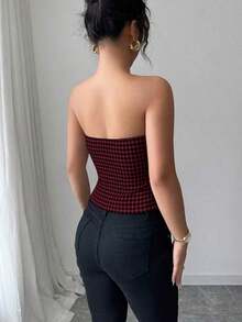 Top corto sin mangas con botones delanteros y estampado de pata de gallo, para uso en oficina o viajes, de moda para el verano - Burdeos - Ver 2