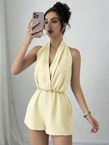 Mono elegante y romántico sin espalda con cuello halter para mujer, adecuado para fiestas, vacaciones, citas y bodas, cumpleaños - Amarillo claro - Ver 5