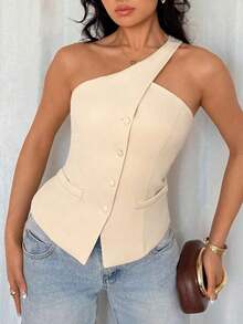 Tall Top sin mangas y sin espalda, elegante y versátil para la oficina y el día a día, con forro, para el verano - Albaricoque - Ver 7