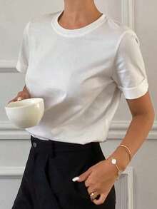 Camiseta casual sencilla de color liso para mujer, uso diario de moda, nueva llegada de otoño - Blanco - Ver 10