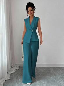 Conjunto de oficina elegante para mujer, compuesto por una chaqueta blazer sin mangas con cuello y bajo asimétrico, con hebilla metálica en la cintura, combinada con pantalones de cintura elástica.Conjunto de 2 piezas elegante para primavera/verano, atuendo formal y de clase para mujer. - Agua verde azul - Ver 3