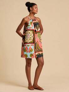 Vestido corto holgado con hombros al descubierto y estampado tejido para mujeres para vacaciones - Multicolor 3 - Ver 4