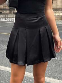 Falda pantalón plisada de unicolor para mujer con estilo informal universitario - Negro 2 - Ver 1