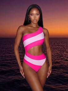 Traje de baño de una pieza con bloque de color y un solo hombro para mujer, ideal para nadar, vacaciones y playa en verano - Rosa - Ver 5