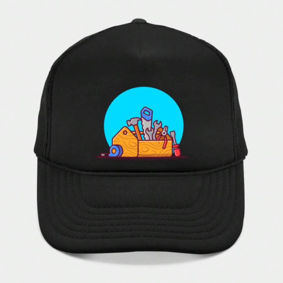This Black Cap Features An Illustration Of A Colorful Tool Box With Various Tools Like A Hammer And Wrench On Top, Set Against A Bright Blue Circular Background. - Black - View 1