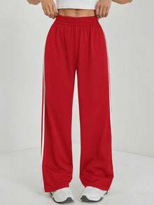 Pantalones casuales con rayas laterales negras, de estilo simple y de moda para uso diario, graduación, maestros y vuelta al colegio para mujeres - Rojo - Ver 5