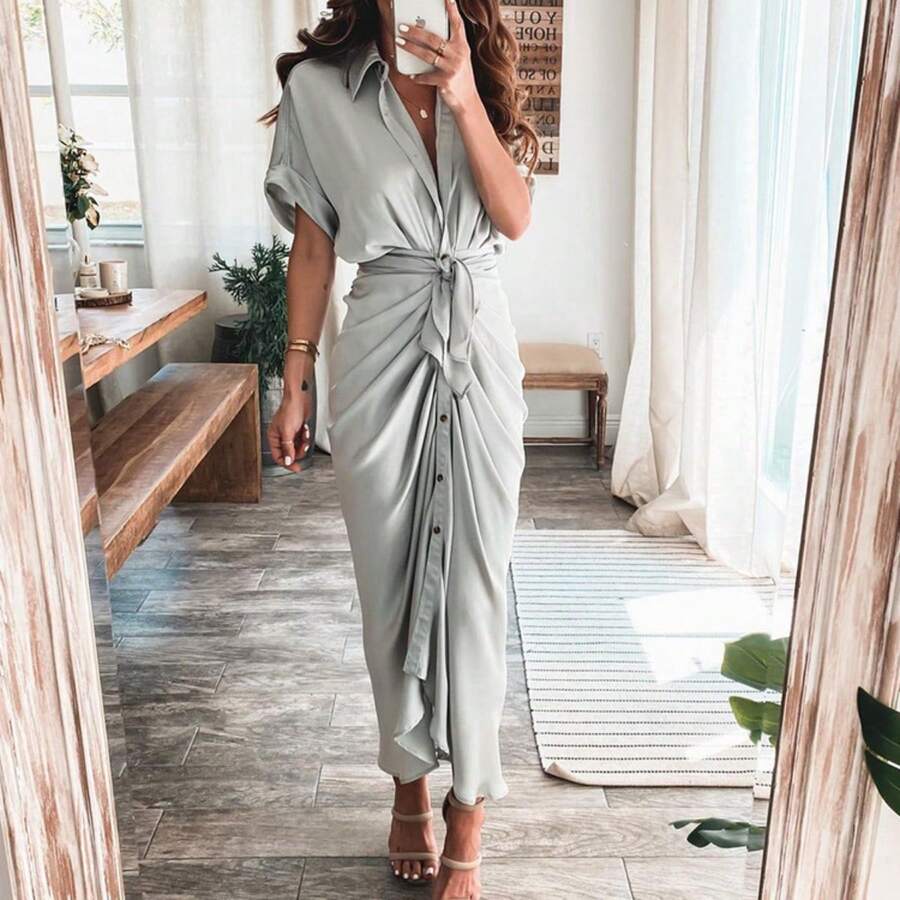 Elegant Women's Spring Shirt Dress, Sensual Print, With Adjustable Ties, Refined Style - 灰色 - 查看 1