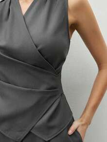 Nuevo conjunto de chaleco plisado en la cintura y pantalones de pierna ancha para mujer, primavera/verano.Elegante atuendo urbano para ir al trabajo. - Gris - Ver 4