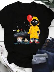 1pc Camisetas Para Mujer Camiseta única con diseño Y2K de gato en impermeable amarillo y globo rojo, perfecta para los amantes de la moda divertida y original. Destaca en cualquier ocasión con este dibujo llamativo que combina estilo y diversión, ¡no te la pierdas! Camiseta De Manga Corta De Algodón - Negro - Ver 6