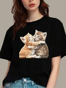 2026 new Camisetas Para Mujer Camiseta con estampado de gatitos adorables - Diseño animal creativo y cómodo para el día a día - Ideal para amantes de los gatos y ropa casual - Disponible en talla S, M, L, XL y color negro - Moda femenina -  actuales - Negro - Ver 6