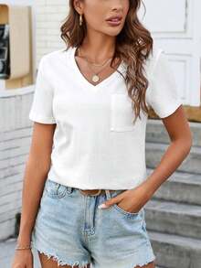 Camiseta de mujer cómoda de algodón, informal, con bolsillo, cuello en V, versátil y de moda - Blanco - Ver 7