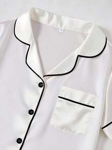 Conjunto de pijama de 3 piezas para mujer con cuello de seda falsa de unicolor y ribete contrastante - Blanco - Ver 4