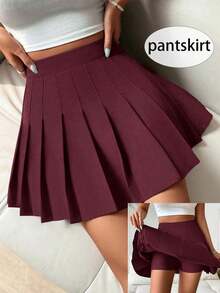 Falda pantalón casual de talle alto con pliegues y rayas para mujer - Burdeos 2 - Ver 8