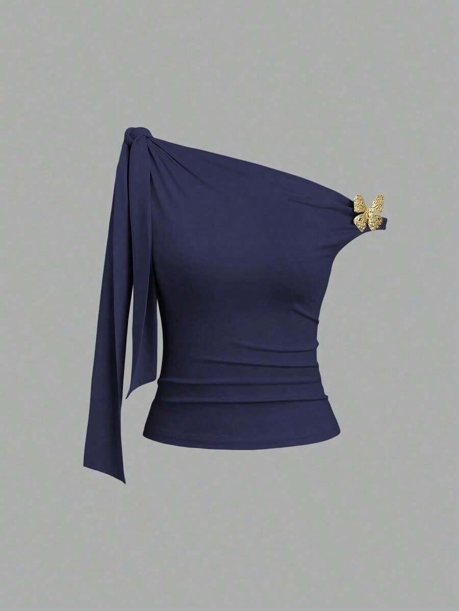 de mujer con hombros oblicuos y lazo - Azul marino - Ver 1