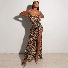 Vestido sin mangas de leopardo con abertura y espalda descubierta para mujer, Vestidos de tirantes finos, camisola ajustada de cintura alta Sexy a la moda, Vestidos de fiesta - Negro - Ver 4