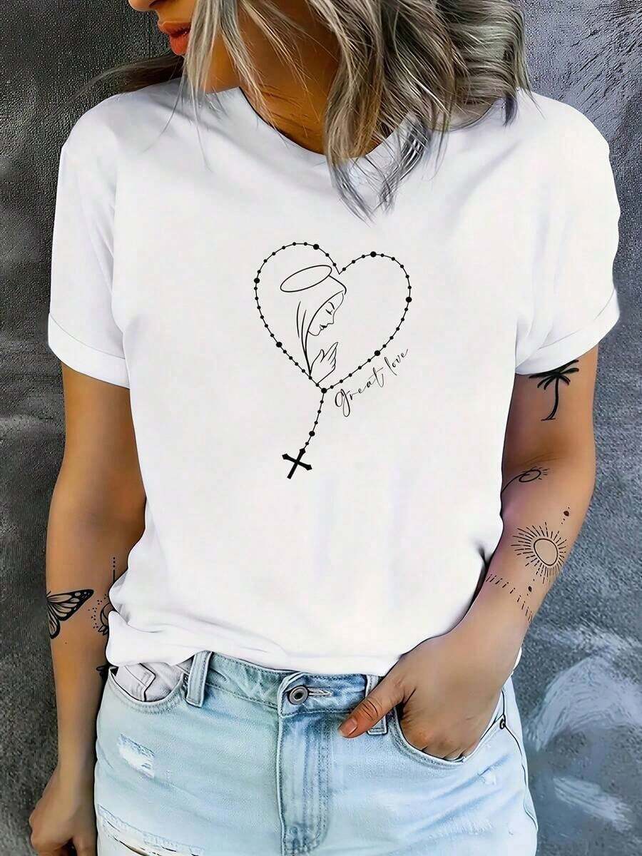 100% algodón, camiseta de manga corta con cuello redondo y estampado de corazón cruzado, ideal para primavera y verano, adecuada para correr y practicar deportes, moderna y elegante, individual e interesante. - Blanco - Ver 1