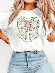 100% Cotton, Vintage Easter Bunny And Floral Bow Design: Women's Spring T-Shirt - Short Sleeve Blouse With Round Neck And Happy Easter Print, Soft And Breathable, Casual Spring And Summer Top For Easter Gifts And Spring Outfits (Machine Washable). - 白色 - 查看 1