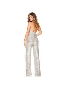 Monocromático dorado con lentejuelas, escote halter en V profundo, diseño de piernas anchas sin mangas, tejido brillante elástico ideal para fiestas nocturnas, eventos festivos y invierno, estilo sexy glamoroso perfecto para cenas elegantes y celebraciones - blanco plateado - Ver 3