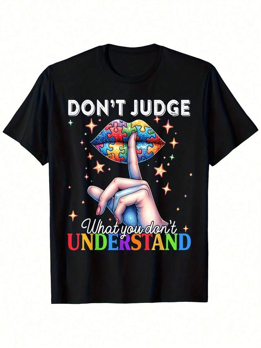 Camiseta Estampada para Mujer - Camiseta Casual de Manga Corta y Cuello Redondo en Negro con Colorido Diseño de Mano y Piezas de Rompecabezas. Con un Corte Relajado para Todas las Estaciones, Perfecta para el Uso Diario y Atuendos de Vacaciones, Lavable aáquina. - Negro - Ver 1