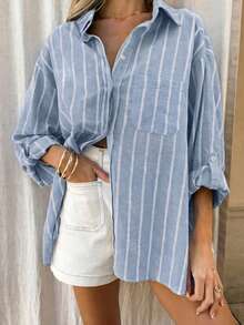 Áo sơ mi linen kẻ sọc cổ bẻ cài cúc tay dài, kiểu dáng thường ngày, đa năng, bộ sưu tập thu mới, trang phục thu đông dành cho nữ, áo sơ mi kẻ sọc mùa xuân. - Màu xanh lam - Xem 5