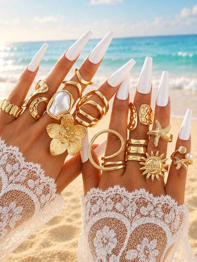 12pcs Vintage Coin Style Metal Geometric Asymmetrical Flower, Sunflower, Starfish & Faux Pearl Stackable Rings Set, Suitable For Women, Couples, Sisters, Summer Holiday, Date, Daily, Party, Wedding, Gift For Mom, Friends