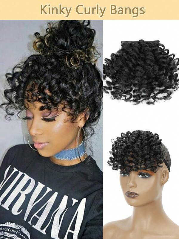 Curly Bangs Short Afro Kinky Curly Bangs For Women Afro Puff Kinky Clip In Hairpieces Synthetic Fiber Hair Natural Style Heat Resistant Fiber Hair Extension