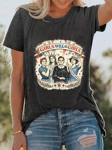 Women's Casual Short-Sleeved T-Shirt, Ideal For Summer Vacation, Printed With The Words "GIRLS WILL BE GIRLS", Decorated With A Red Pattern Design And Four Feminine Illustrations (Red Scarf, Statue Of Liberty Crown, Short Hair, "She's The First" Banner), Soft Casual Summer T-Shirt. - 白色 - 查看 9