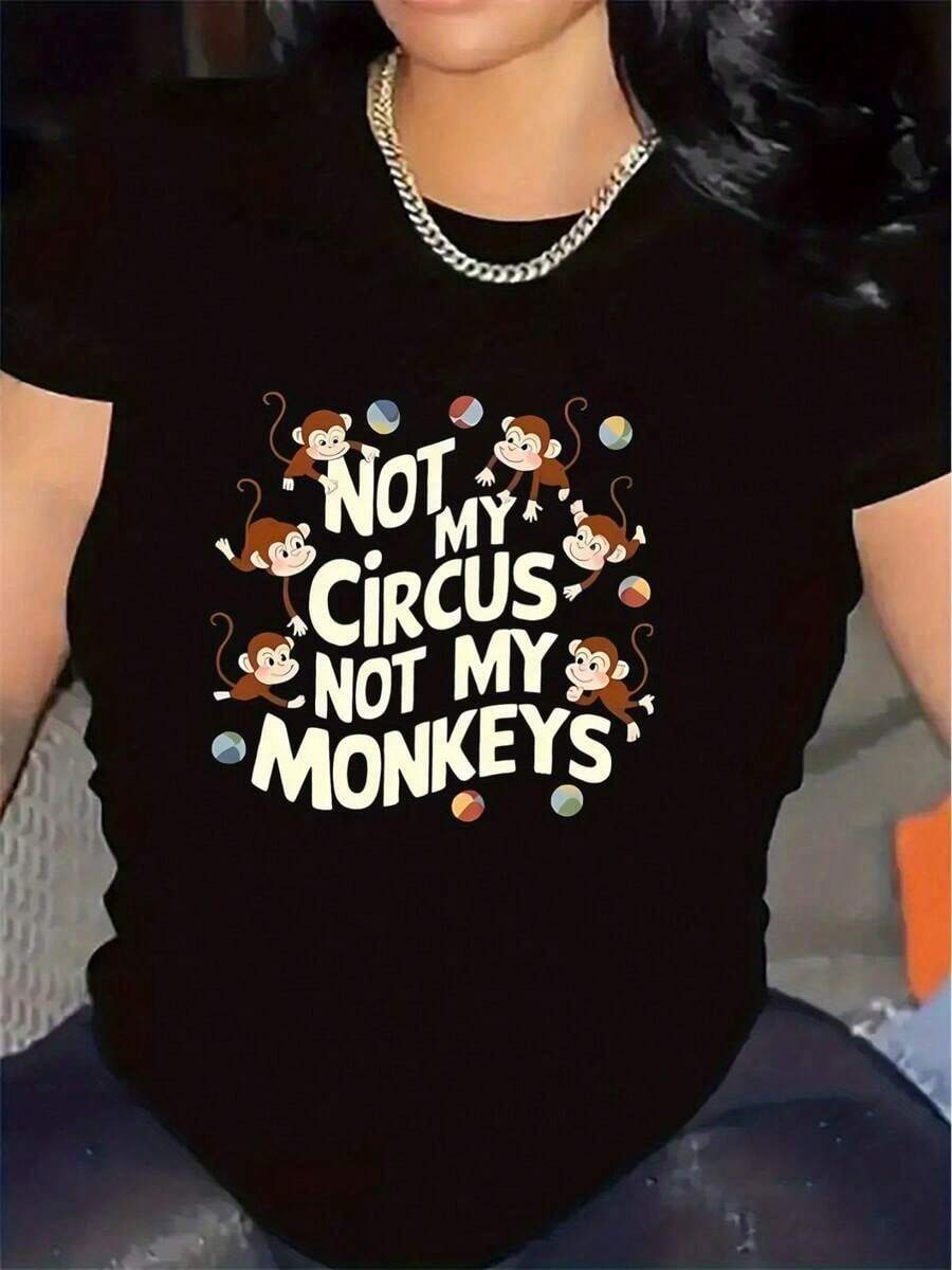 Camiseta de poliéster en blanco y negro con diseño "No es mi circo, no son mis monos", ideal para la sala de estar del hogar o para uso en exteriores, duradera y cómoda, regalo perfecto para adultos, top elegante y ligero.blusas para mujer>ropa - Negro - Ver 1