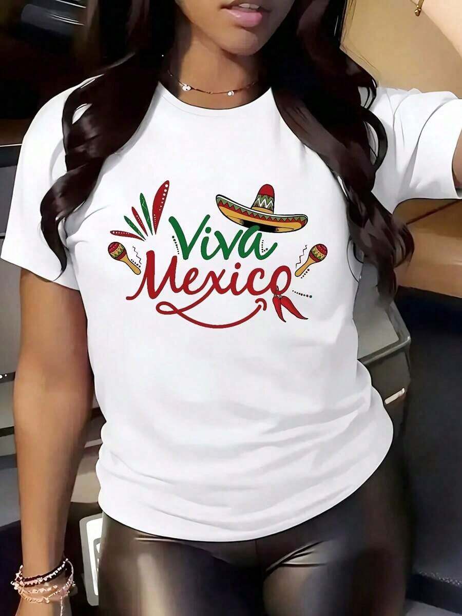 Viva Mexico Graphic Design Casual T-Shirt - Women's Short Sleeve Crew Neck T-Shirt With Vibrant Hat And Cactus Design, Perfect For Spring And Summer, Cactus Decoration. - 白色 - 查看 1