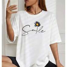 Women's Clothing Korean Style Summer Printed Cotton T-Shirt For Women, Smile And Daisy Print, Round Neck, Short Sleeve, Letter Print, Loose Fit, Casual, Versatile, For Daily Wear, Beach, Party, Vacation, Women's Shirts - 白色 - 查看 4