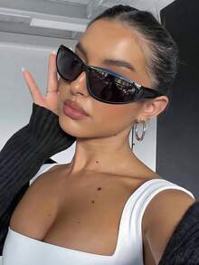 1pc European And American Futuristic Raised Dot Fashion Hiphop Steampunk Style Fashion Glasses, For Women - Bright Black Frame Gray Film - View 4