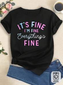 Camiseta casual de Wo'S con el estampado "No pasa nada, no hay problema". |   Cuello redondo, mangas cortas, mezcla elástica, lavable a máquina, adecuado para primavera/verano/otoño. - Negro - Ver 2
