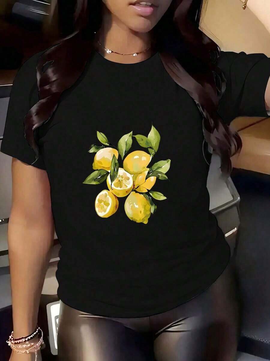 Women's Round Neck T-Shirt With Lemon Print, Casual Summer Wear For Everyday Use And Vacations, 220g, Suitable As A Gift. Women's T-Shirt. Blouses>Elegant. Boho Chic, Soft, Breathable And Comfortable Women's Top, Ideal For Spring, Summer And Autumn, Perfect For Vacations, Travel And Everyday Wear. - 黑色 - 查看 1